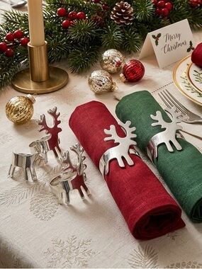 Crate & Barrel Reindeer Napkin Rings Group of 5 Metallic Christmas Dinner